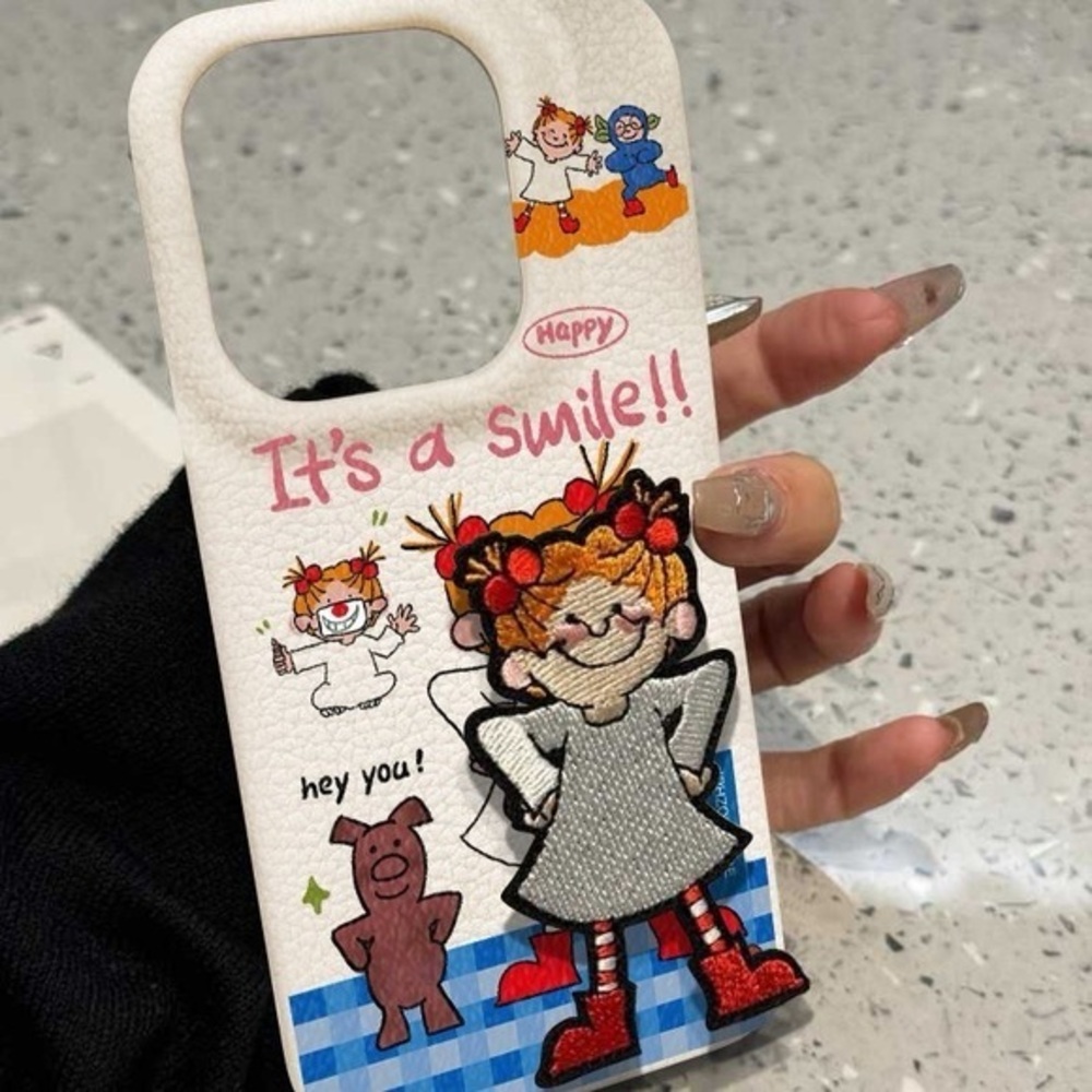 Cute iPhone 16 Case‎ with Fabric Patch & Built-in Stand – Cartoon Girl Design